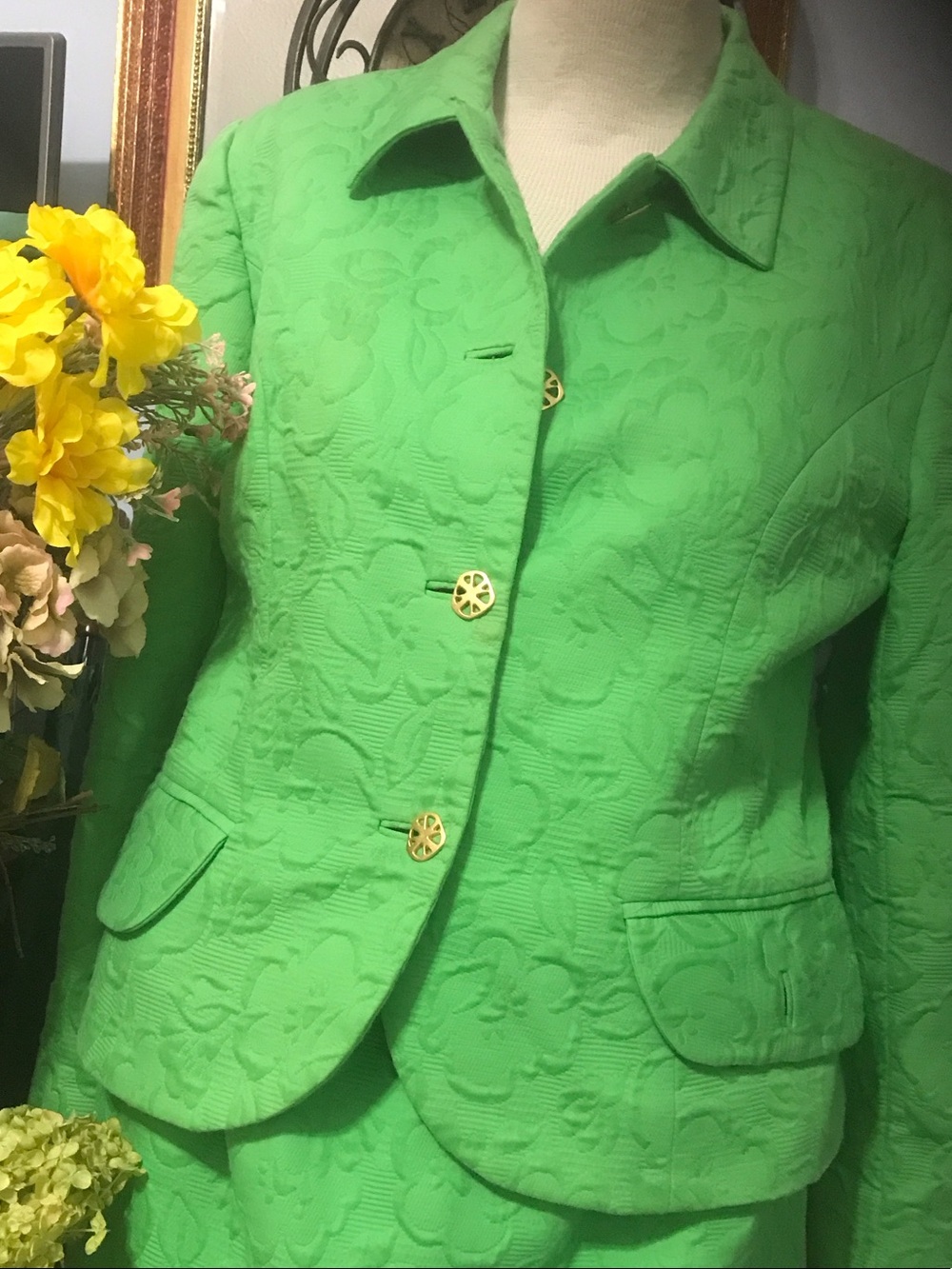 Doncaster Bright Green Textured Floral Blazer with Gold Buttons and Skirt Set